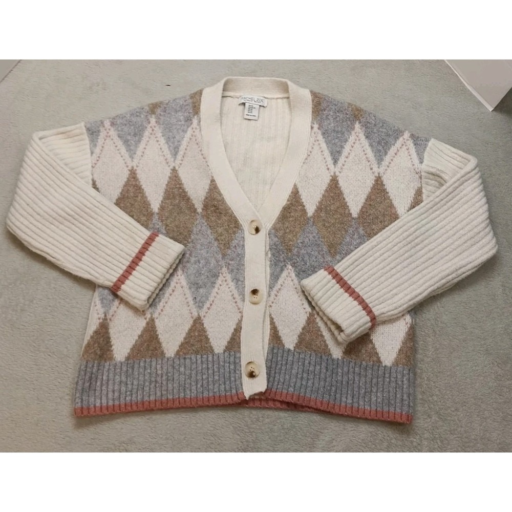 Rachel Zoe Academia Argyle Preppy Ribbed Knit Cardigan Sweater Size XS Neutral.